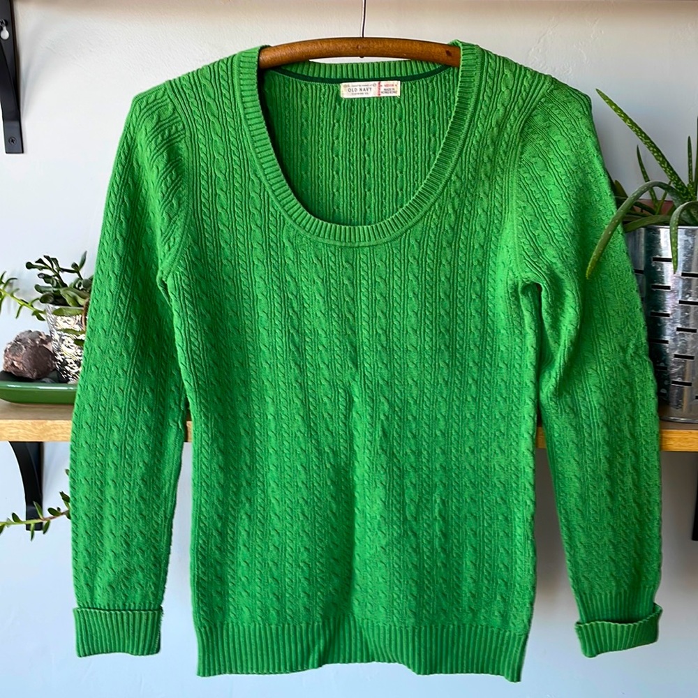 Old Navy Emerald Green Cotton Cable Knit Scoop Neck Sweater Sz M